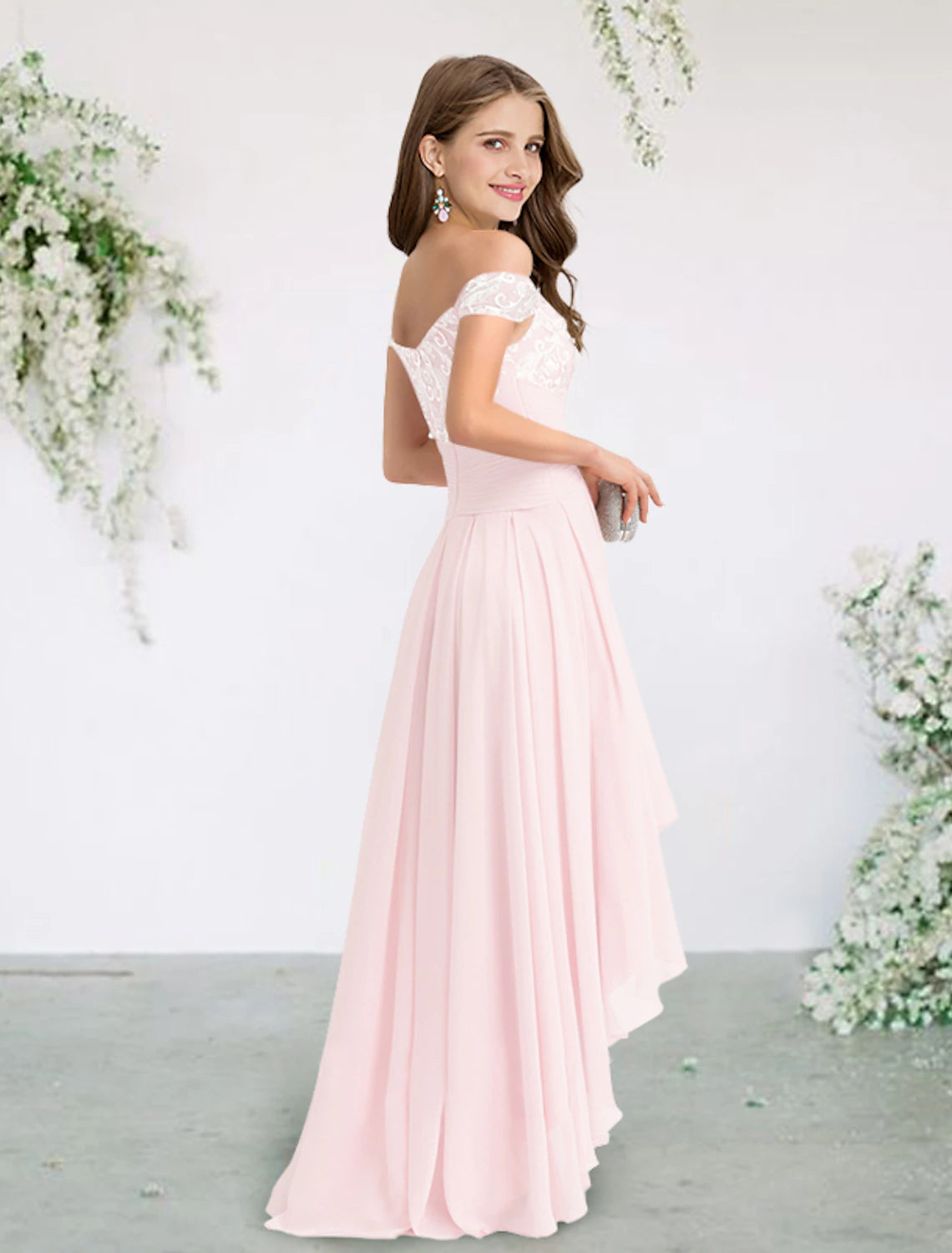 Wholesale A-Line Bridesmaid Dress Off Shoulder Short Sleeve Elegant Sweep / Brush Train / Asymmetrical Chiffon / Lace with Appliques
